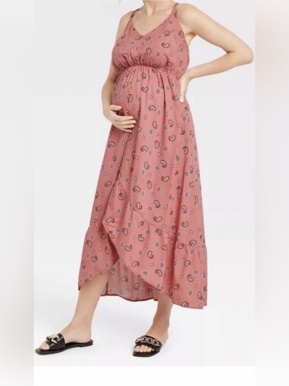 Isabel Maternity Dress Womens Medium Sleeveless Hi-Low Adjustable Pink Paisley L